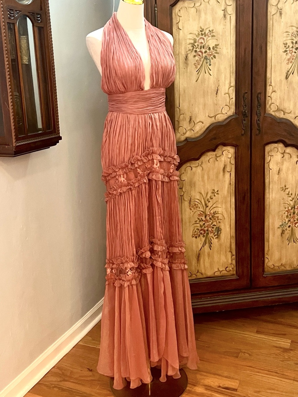 Meghan LA Rosa Tiered Dress Dusty Rose Crinkle Chiffon Boho Romantic Size 4/S - Picture 4 of 10
